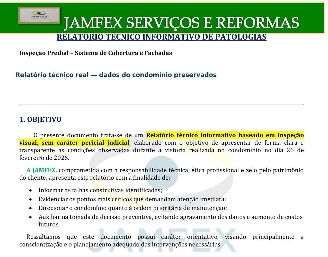 Exemplo real de relatório técnico de patologias emitido pela JAMFEX